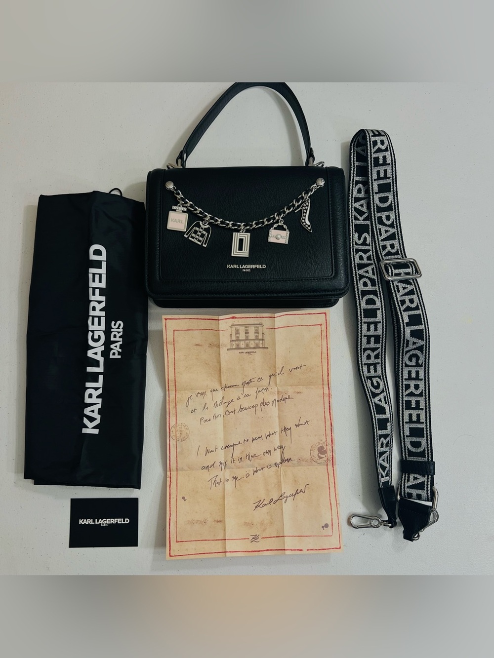 NWOT Karl Lagerfeld Paris Simone Flap Crossbody Bag Satchel Black Charm Dustbag
